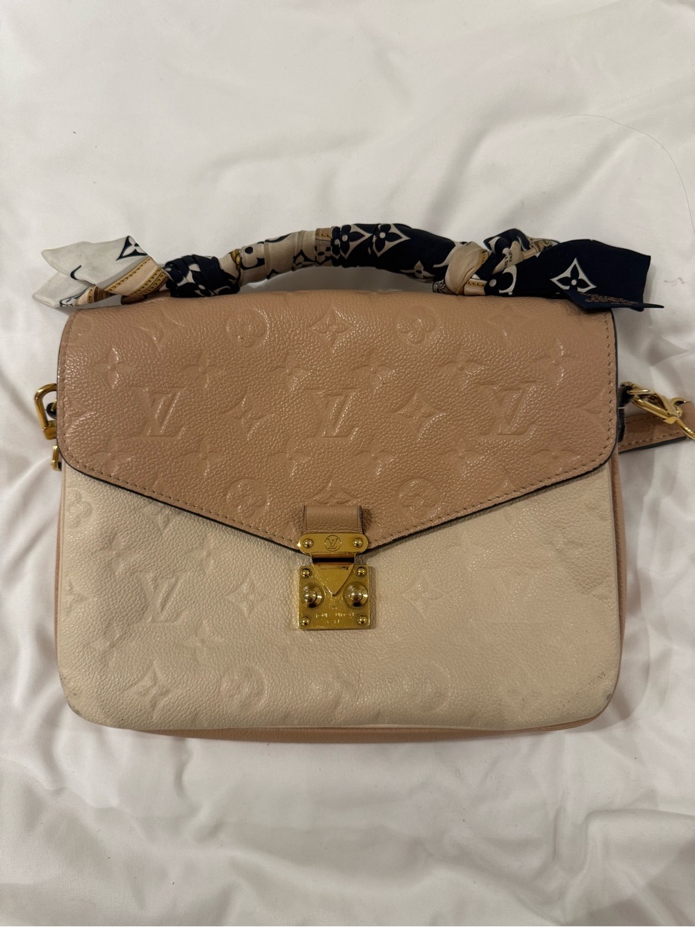 Louis Vuitton Two-Tone Cream & Tan Monogram Pochette with Scarf-Wrapped Handle